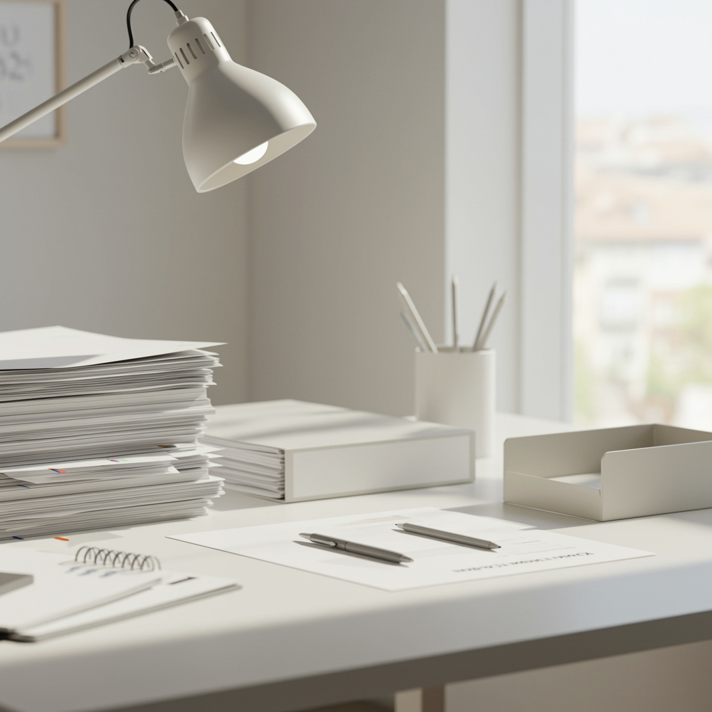 A bright, minimalist office desk that is perfectly organized, symbolizing efficiency and reliability. The desk is clean and uncluttered with neatly stacked documents, a closed laptop, a pen, and a simple folder arranged carefully. An inbox tray sits empty to represent “inbox zero.” Soft natural light from a nearby window creates a calm, professional atmosphere. Neutral colors, modern workspace, lots of negative space, professional business aesthetic, high-quality realistic photography, shallow depth of field, clean corporate website style.